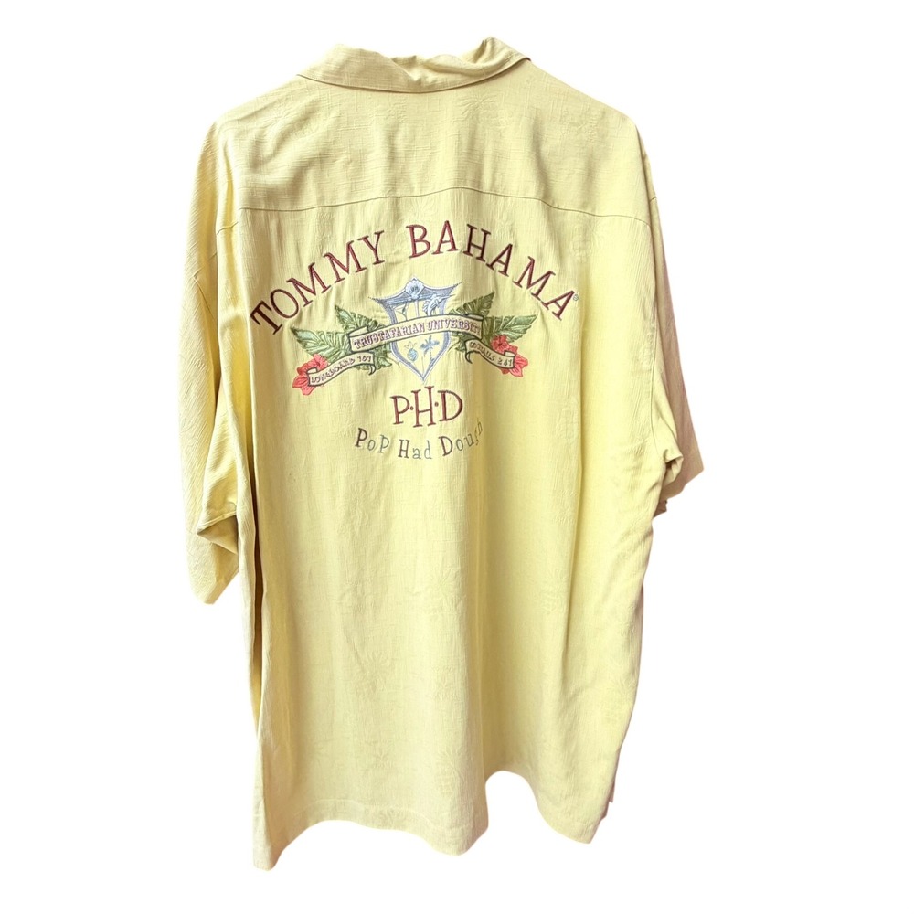 Tommy Bahama 100% Silk Shirt Mens XL Yellow PHD Pop Had Dough Embroidered Camp